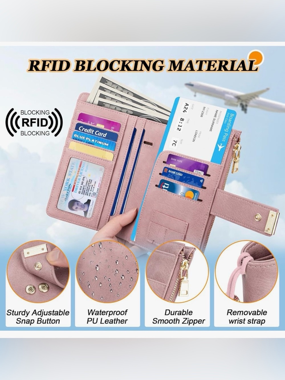 HUANLANG Passport Holder AirTag Passport Wallet Light Pink New - Picture 6 of 11